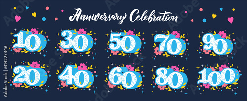 Anniversary celebration numbers flat vector illustrations set.
