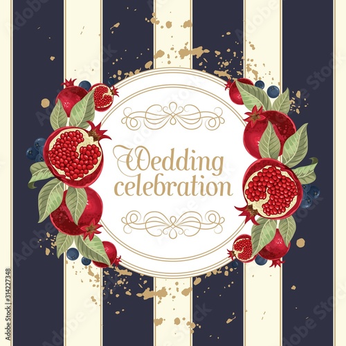 Wedding invitations with pomegranate and leaves. Vector illustration.