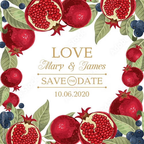 Wedding invitations with pomegranate and leaves. Vector illustration.