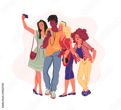 Group of young stylish modern teenagers people with smartphones and making selfie together isolated on white background. Vector flat illustration.