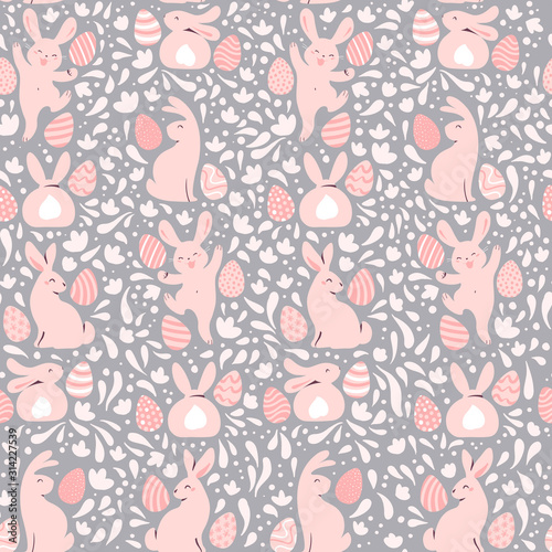 Easter seamless pattern with decorated eggs and egg hunt bunny smiling characters silhouettes. For holiday cards, packaging paper, banner, etc. Vector illustration
