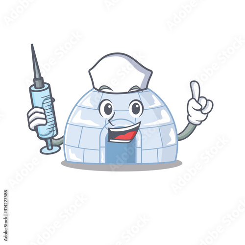 Smiley Nurse igloo cartoon character with a syringe