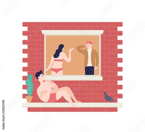 Love triangle flat vector illustration. Wife, husband and paramour. Adultery, cheating on spouse, drama, family destruction concept. Woman and men, marrieds and hiding lover cartoon characters.