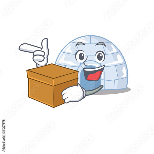 Cute igloo cartoon character having a box