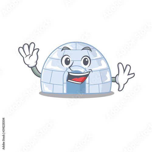 Waving friendly igloo cartoon character in design