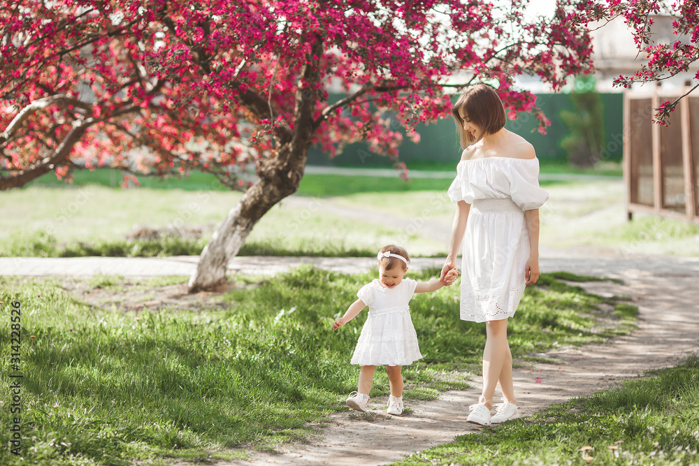 Young loving mother walking with her little baby on spring background. Cute child and her mom outdoor.Family in the park. Young loving mother walking with her little baby on spring background. Cute child and her mom outdoor.Family in the park.