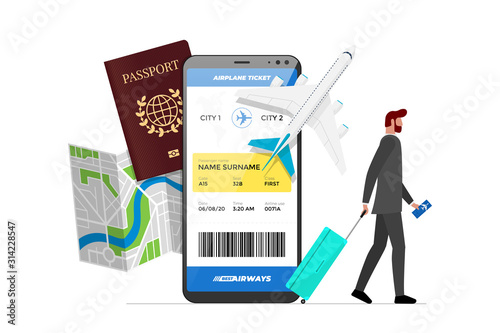 Online flight booking service concept. Businessman with luggage book airplane travel on smartphone. Plane ticket reservation website or mobile app. Trip planning map and passport vector illustration