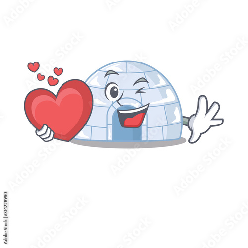Funny Face igloo cartoon character holding a heart
