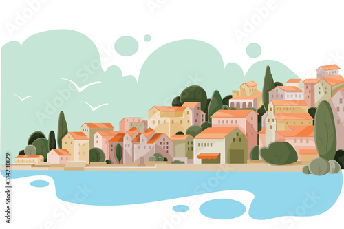 landscape of a coastal town with small houses, province, resort, vacation, relaxation