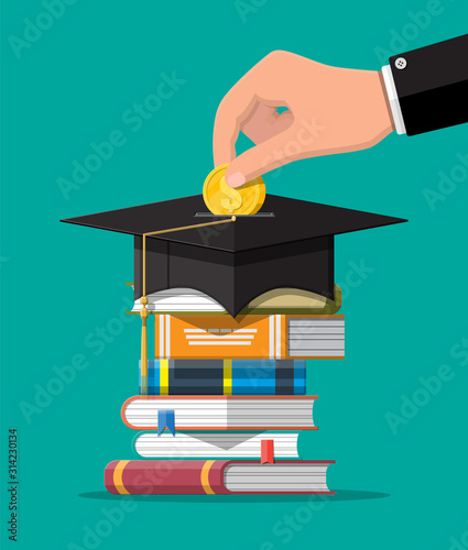 Graduation cap, open book and gold coin. Education savings and investment concept. Academic and school knowledge. Vector illustration in flat style