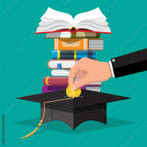 Graduation cap, open book and gold coin. Education savings and investment concept. Academic and school knowledge. Vector illustration in flat style