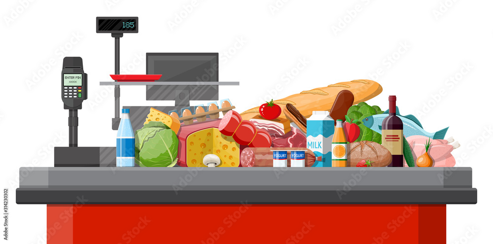 Groceries in checkout counter. Grocery store collection. Supermarket. Fresh organic food drinks. Milk, vegetables meat chicken cheese sausages, wine fruits, fish cereal juice. Flat vector illustration