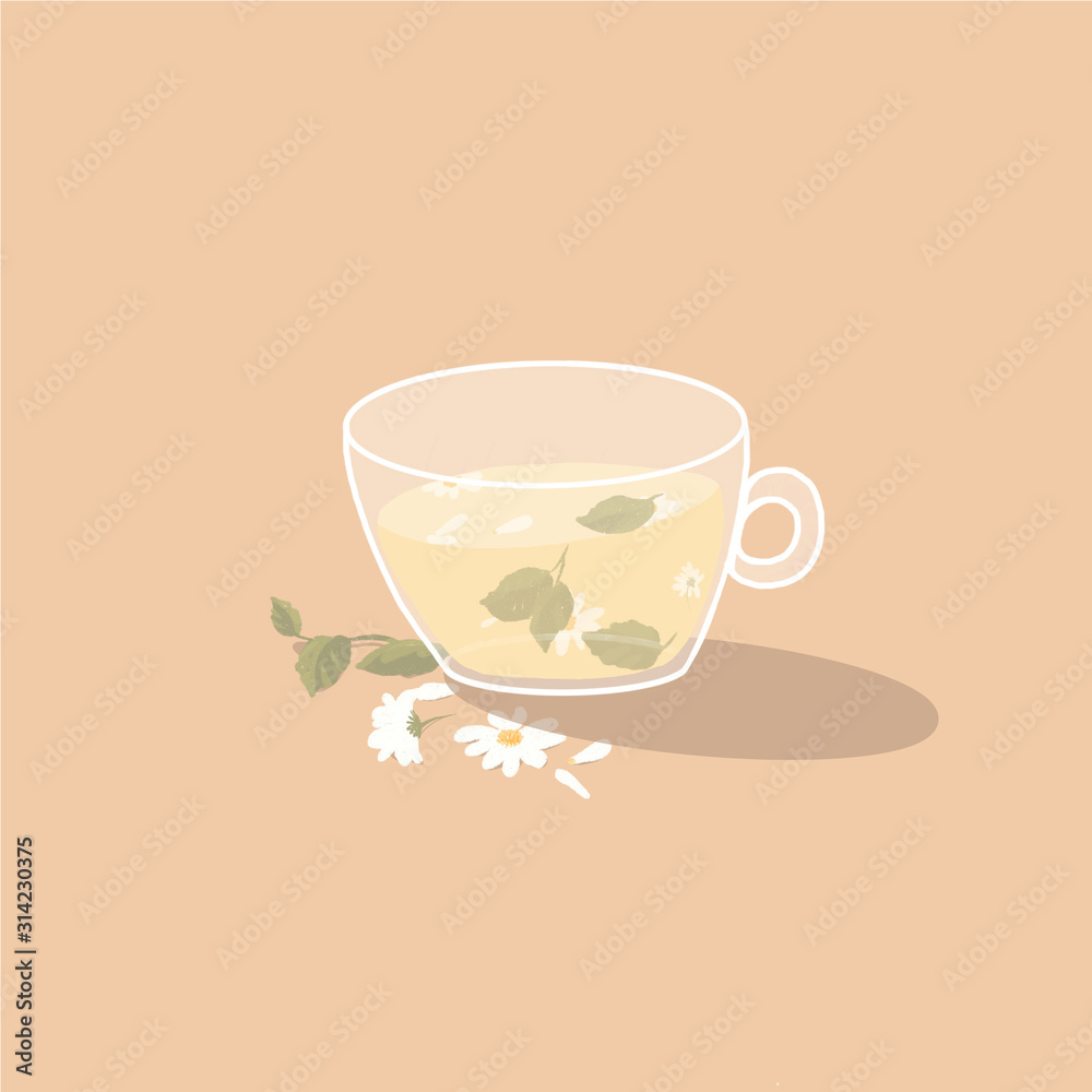 Obraz premium Illustration with a cup of tea and herbs. Herbal tea with mint and chamomile.