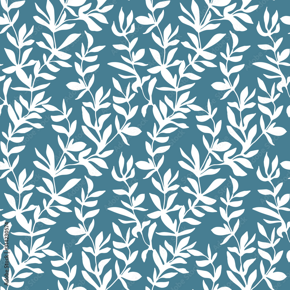 Seamless pattern on a blue background. Ink hand-drawn pine branches. For the design of gifts, backgrounds, wrappers, cards