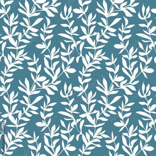 Seamless pattern on a blue background. Ink hand-drawn pine branches. For the design of gifts, backgrounds, wrappers, cards © Yevheniia Poli