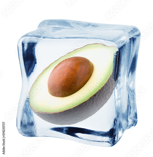 avocado in ice cube, isolated on white background, clipping path, full depth of field