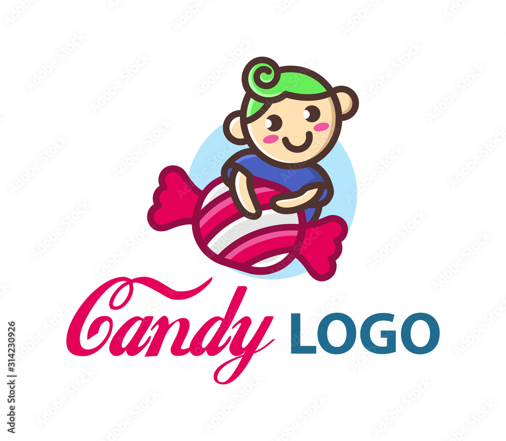 Candy vector logo template with cute little funny boy. Сhild hugs a big candy. Candy shop icon. Candy bar logo. Lollipop icon. Sweets icon. Candy vector logo template with cute little funny boy. Сhild hugs a big candy. Candy shop icon. Candy bar logo. Lollipop icon. Sweets icon.