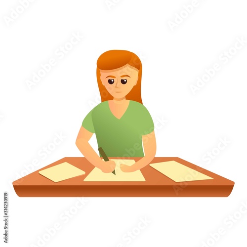 Girl writing exam test icon. Cartoon of girl writing exam test vector icon for web design isolated on white background