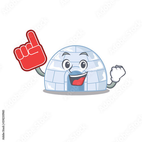 Igloo mascot cartoon style holding a Foam finger