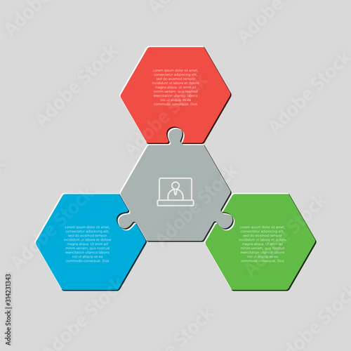 Three puzzle jigsaw hexagon line info graphic.