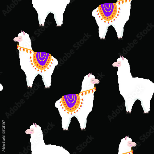Lama , alpaca animals cute vector cartoon seamless pattern on black background. Concept for print, cards, wallpapers, wrapping paper 