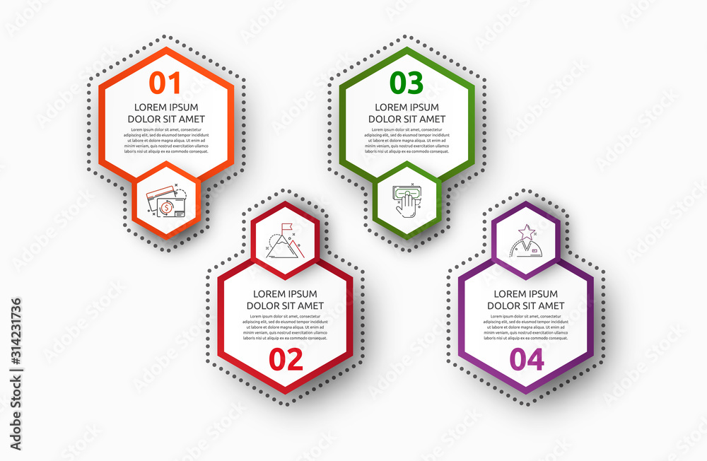 Vector infographic with 4 hexagons. Used for four diagrams, graph ...
