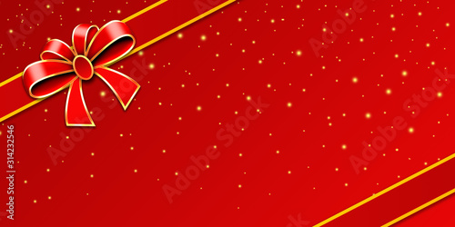 abstract gift background with red bow and red background for text or  image. copy space panoramic banner images 