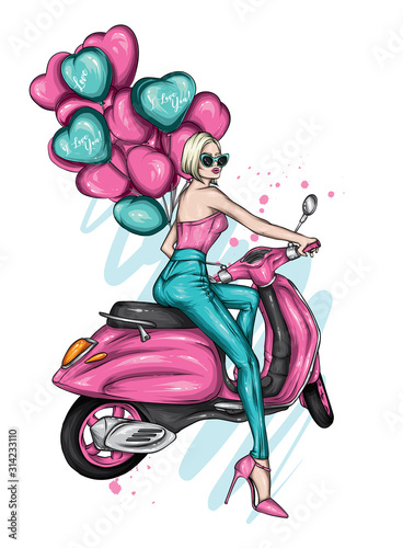 Beautiful girl on a cool motorcycle. Biker. Stylish woman in glasses and high heel shoes. Fashion and style, clothes and accessories. Vector illustration for a card or poster.