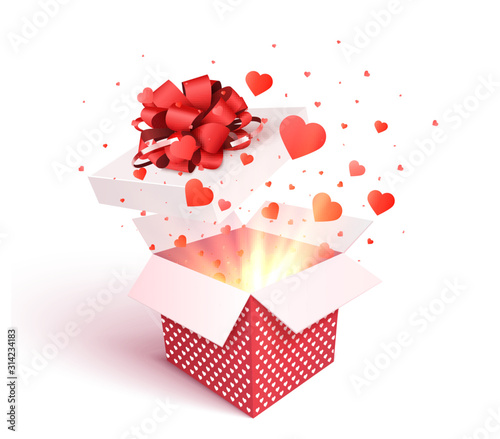 Gift box with heart shape confetti burst explosion