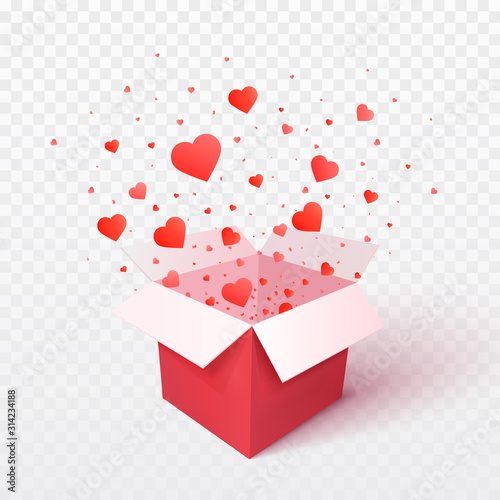 Gift box with heart shape confetti burst explosion