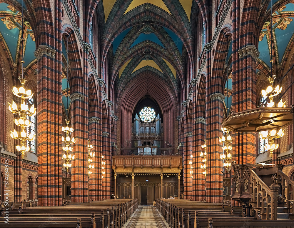 Interior of St. John's Church in Stockholm, Sweden. The brick church in the Neo-Gothic style was built in 1884-1890 by design of architect Carl Moller, and innaugurated on May 25, 1890.