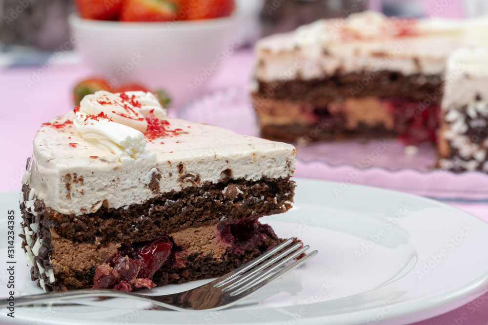 Chocolate cake with whipped cream icing on plate Chocolate cake with whipped cream icing on plate