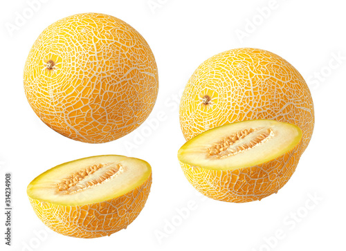 Fresh ripe honeydew, muskmelon, cantaloupe melon, melon half cut set isolated. Juicy fruit design elements composition focus stacking, white background. Tasty fruit isolated, healthy nutrition concept
