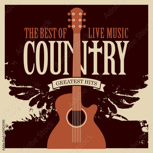 Vector poster on the theme of country music with electric guitar on the old abstract background with wings in retro style. Suitable for flyer, banner, cover