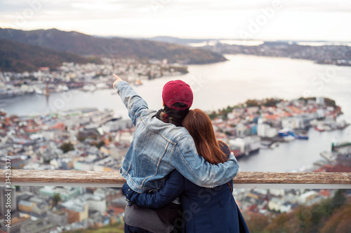 Couple of love is enjoying travel in Bergen, Norway