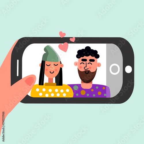 Young couple selfie photo together with mobile phone. portrait photographing