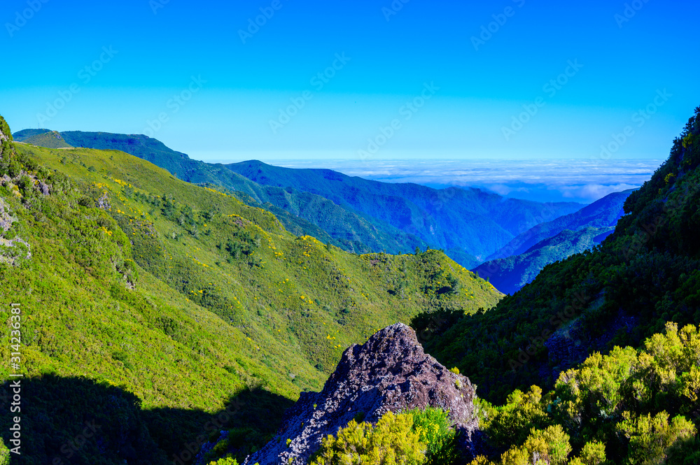 Hiking Levada trail 25 Fontes in Laurel forest - Path to the famous Twenty-Five Fountains in beautiful landscape scenery -  Madeira Island, Portugal