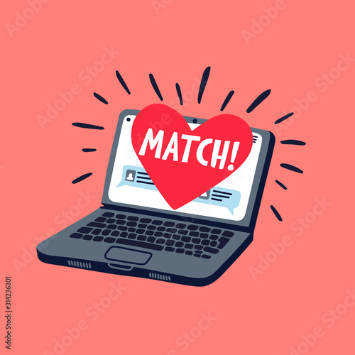 Online dating concept. Laptop with online dating application on the screen. Heart with match inscription on a computer screen. Flat style vector illustration.