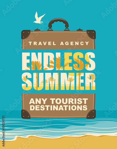 Vector illustration with travel suitcase and words Endless summer, any tourist destinations on the background of seascape. Suitable for poster, banner, flyer, invitation, card.
