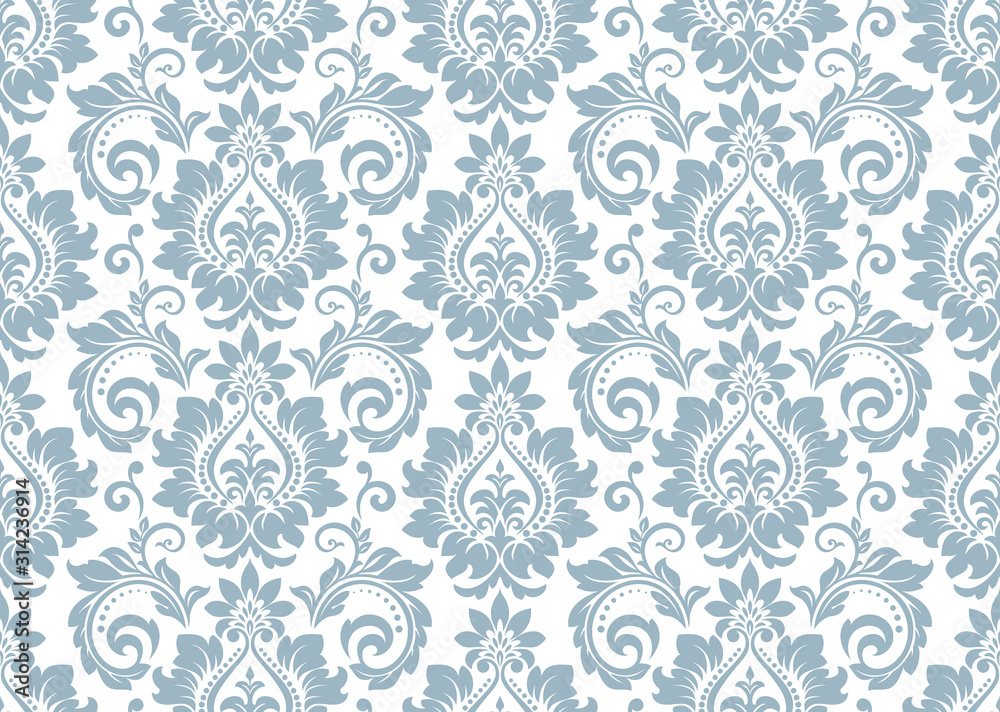 Wallpaper in the style of Baroque. Seamless vector background. White and blue floral ornament. Graphic pattern for fabric, wallpaper, packaging. Ornate Damask flower ornament