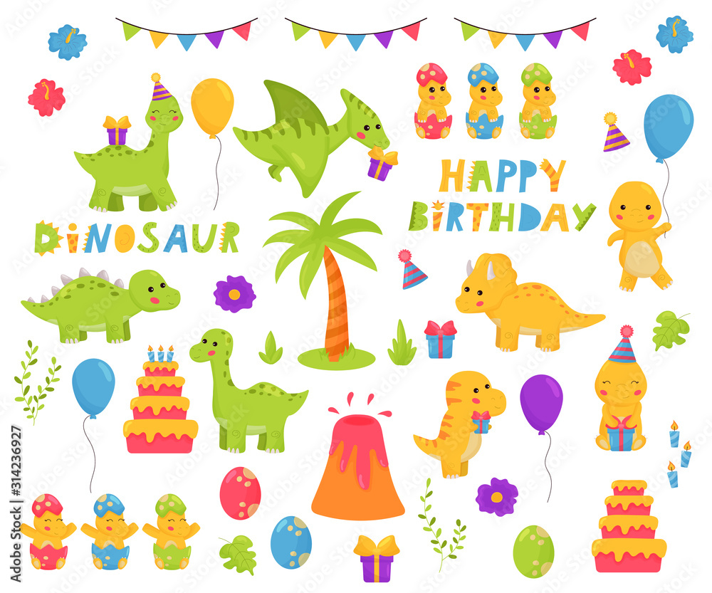 Kawaii vector dinosaurs cartoon character set. Birthday theme. Happy birthday lettering. Childish illustration for nursery. Kawaii vector dinosaurs cartoon character set. Birthday theme. Happy birthday lettering. Childish illustration for nursery.