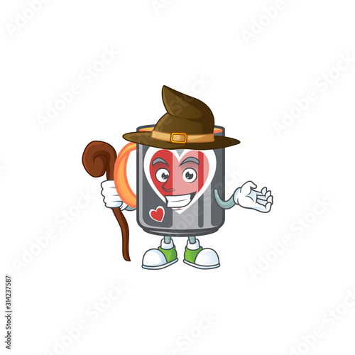 cartoon mascot style of mug love dressed as a witch