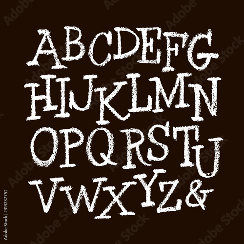 Vector Pastel or Chalk Style Hand Drawn Alphabet Font. Calligraphy alphabet on a black background