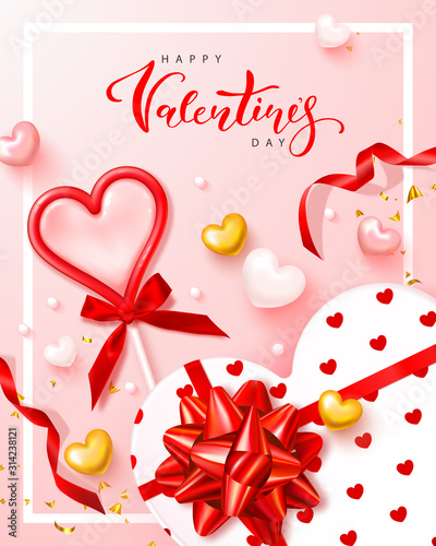 Happy Valentines Day festive banner. Vector illustration with 3D lollipop,red ribbons, gift box and Golden confetti.Modern holiday background for postcard, poster and other design