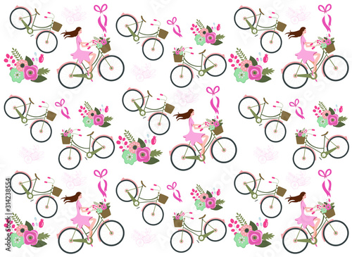 vector pattern with flowers and girl on bike