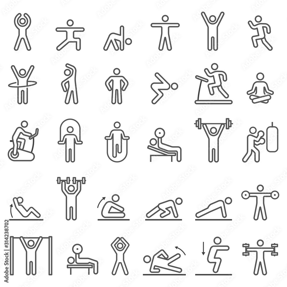 Fototapeta Fitness exercise workout line icons set. Vector illustrations.