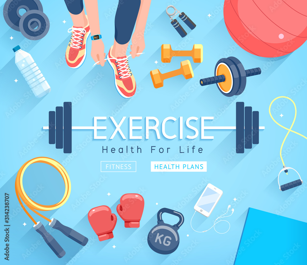 Exercises conceptual design. Young people doing workout. Sport Fitness banner promotion vector Illustrations. - obrazy, fototapety, plakaty 