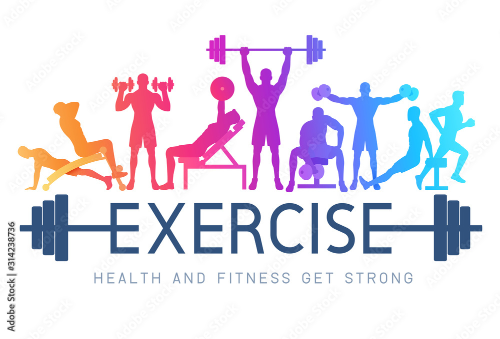 Fototapeta Exercises conceptual design. Young people doing silhouette workout. Sport Fitness banner promotion vector Illustrations.