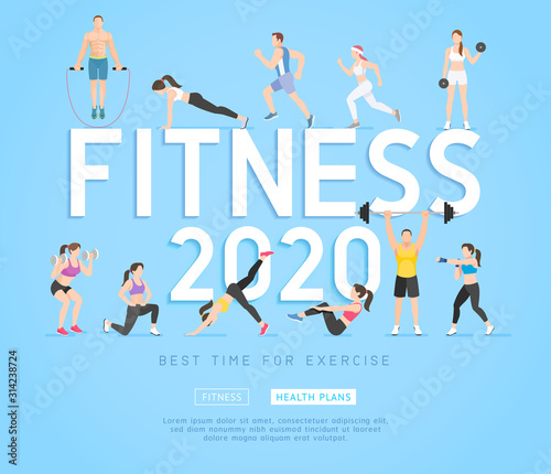 Exercises 2020 conceptual design. Set of young people doing workout. Sport fitness banner promotion vector Illustrations.