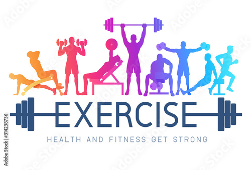 Fototapeta Exercises conceptual design. Young people doing silhouette workout. Sport Fitness banner promotion vector Illustrations.